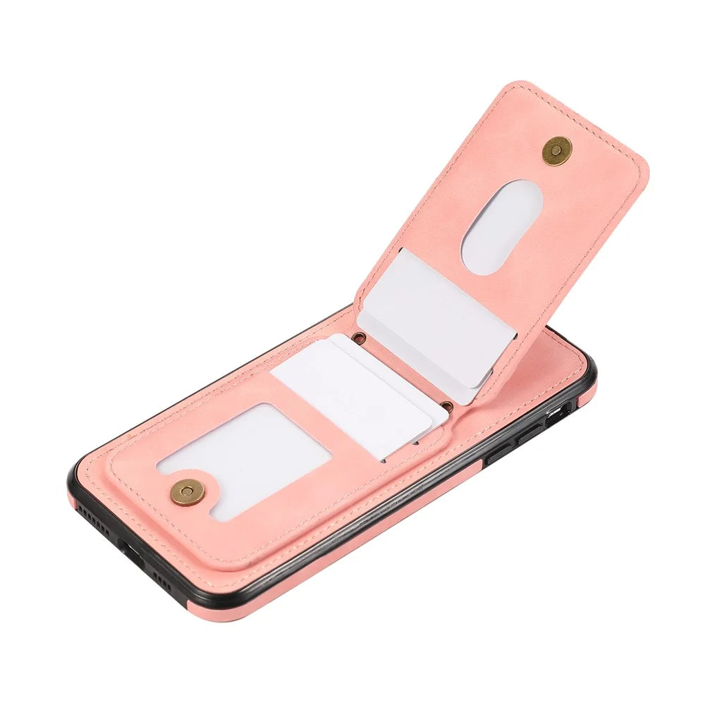 For iPhone 15 Case Card Holder Kickstand Leather + TPU Phone Cover with Shoulder Strap - Pink - 3