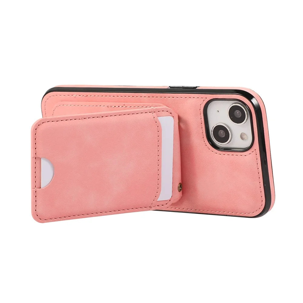 For iPhone 15 Case Card Holder Kickstand Leather + TPU Phone Cover with Shoulder Strap - Pink - 4