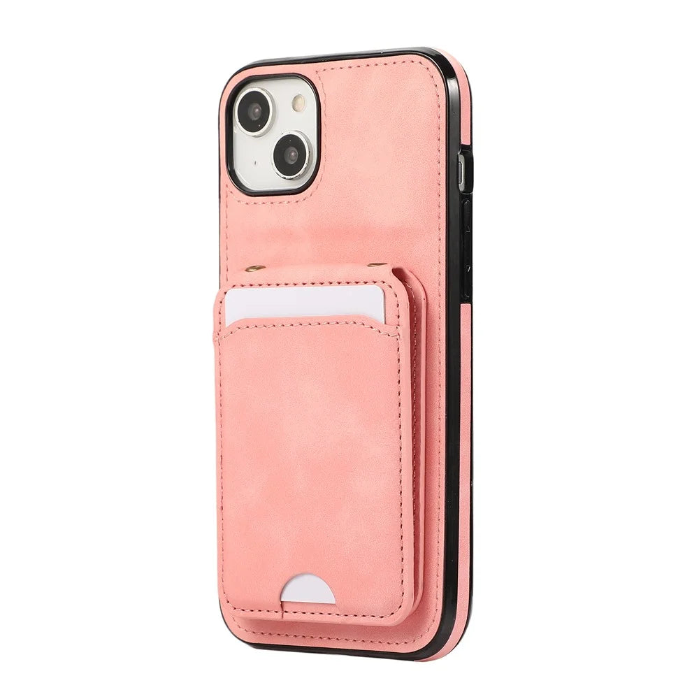 For iPhone 15 Case Card Holder Kickstand Leather + TPU Phone Cover with Shoulder Strap - Pink - 7