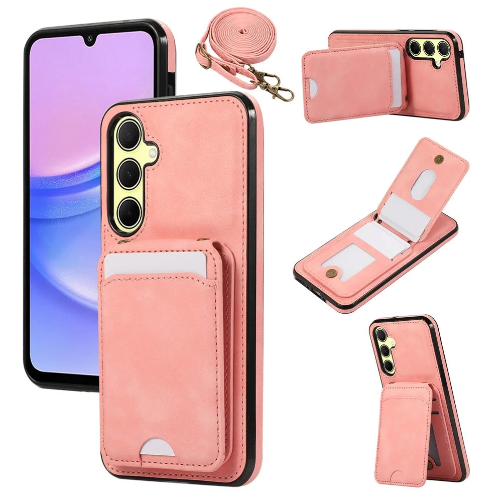 For Samsung Galaxy A16 4G / 5G Case Card Holder Kickstand Leather + TPU Phone Cover with Shoulder Strap - Pink - 1