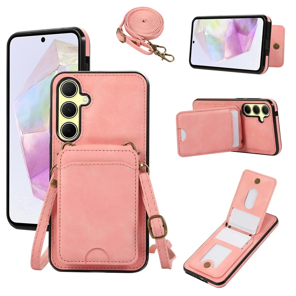 For Samsung Galaxy A36 5G Case Card Holder Kickstand Leather + TPU Phone Cover with Shoulder Strap - Pink - 1