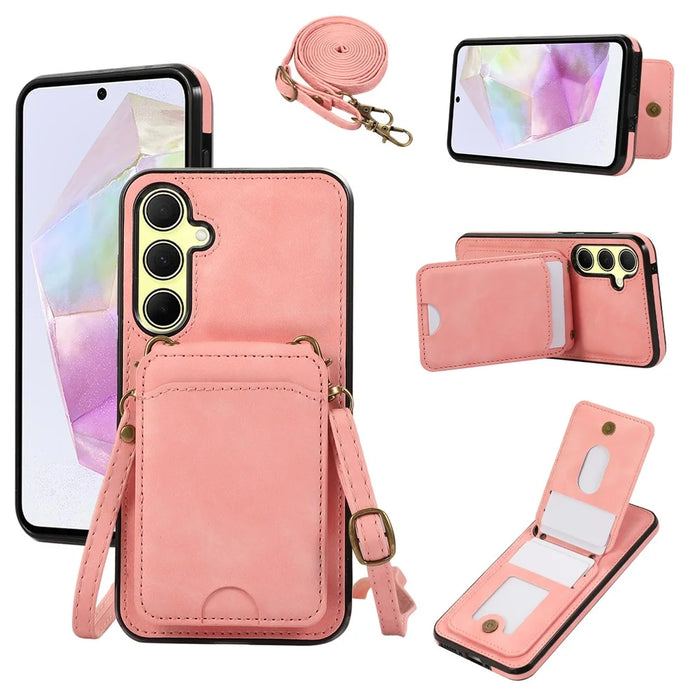 For Samsung Galaxy A36 5G Case Card Holder Kickstand Leather + TPU Phone Cover with Shoulder Strap - Pink - 1