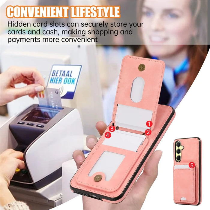 For Samsung Galaxy A36 5G Case Card Holder Kickstand Leather + TPU Phone Cover with Shoulder Strap - Pink - 7