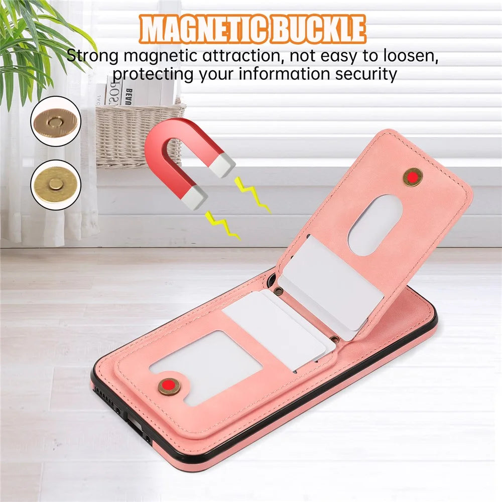 For Samsung Galaxy A56 5G Case Card Holder Kickstand Leather + TPU Phone Cover with Shoulder Strap - Pink - 6