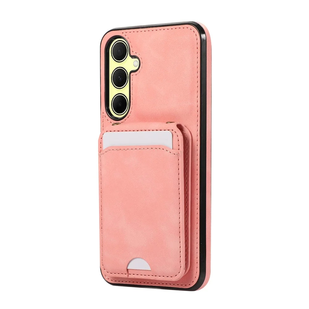 For Samsung Galaxy S25 / S24 Case Card Holder Kickstand Leather + TPU Phone Cover with Shoulder Strap - Pink - 7