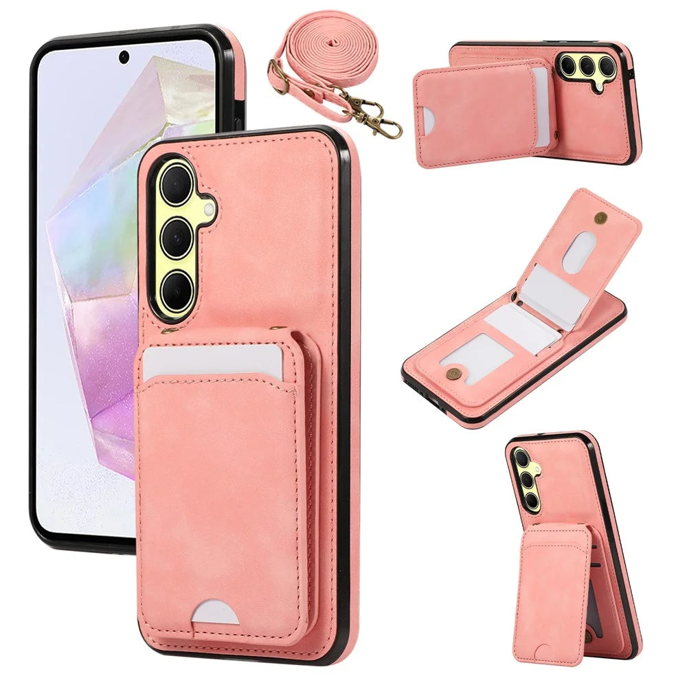 For Samsung Galaxy S25+ / S24+ Case Card Holder Kickstand Leather + TPU Phone Cover with Shoulder Strap - Pink - 1