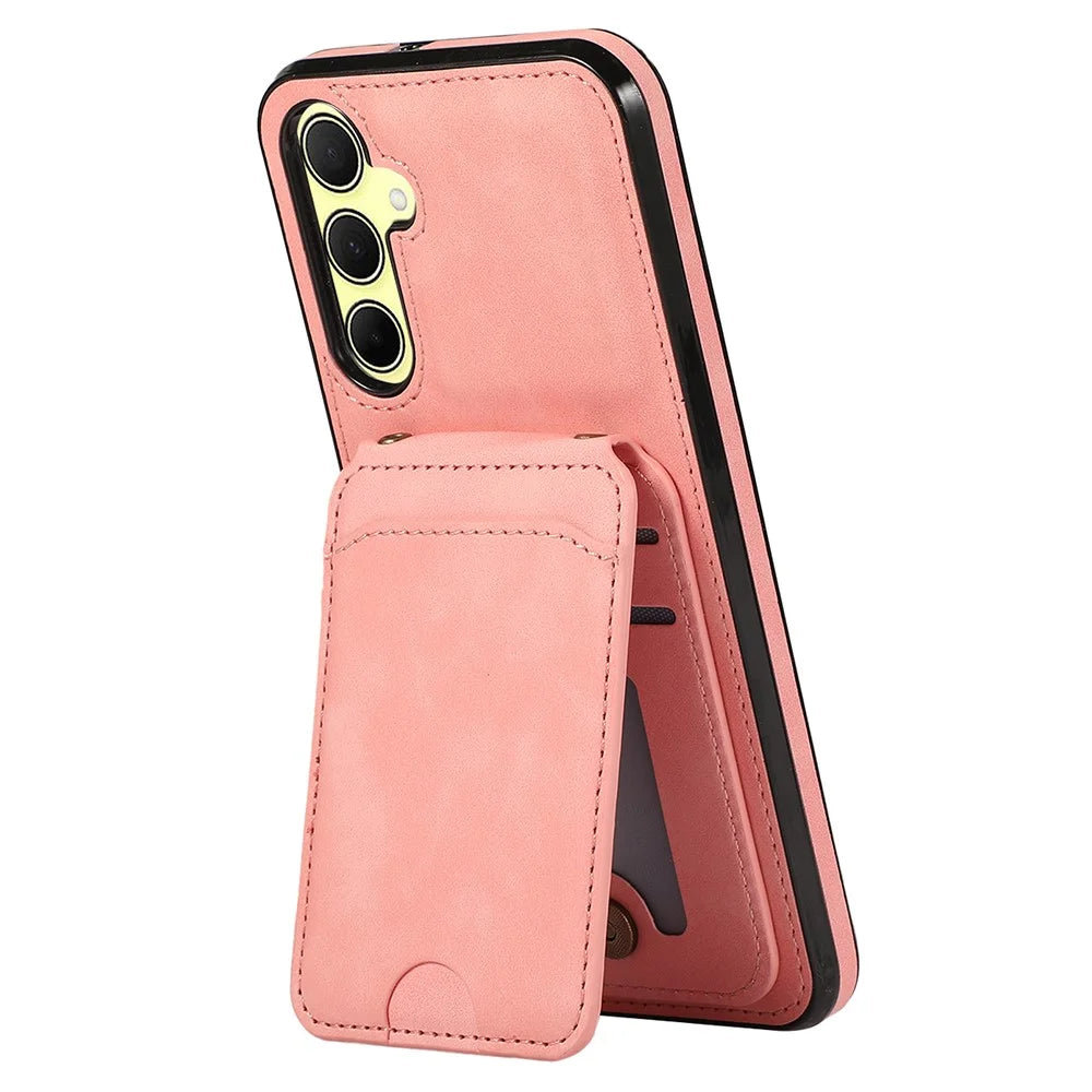 For Samsung Galaxy S25+ / S24+ Case Card Holder Kickstand Leather + TPU Phone Cover with Shoulder Strap - Pink - 2