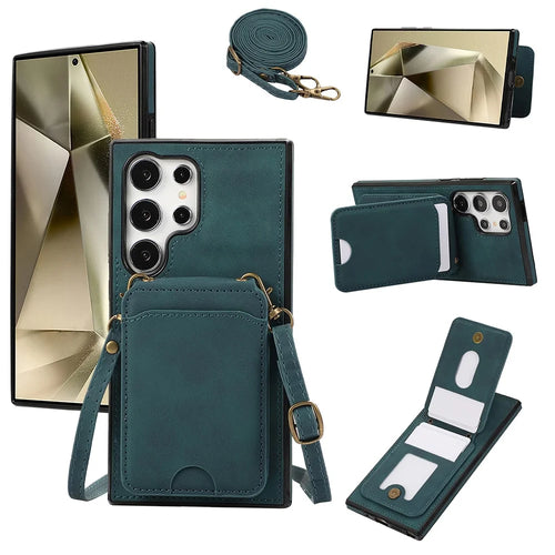 For Samsung Galaxy S25 Ultra Case Card Holder Kickstand Leather + TPU Phone Cover with Shoulder Strap - Green - 1