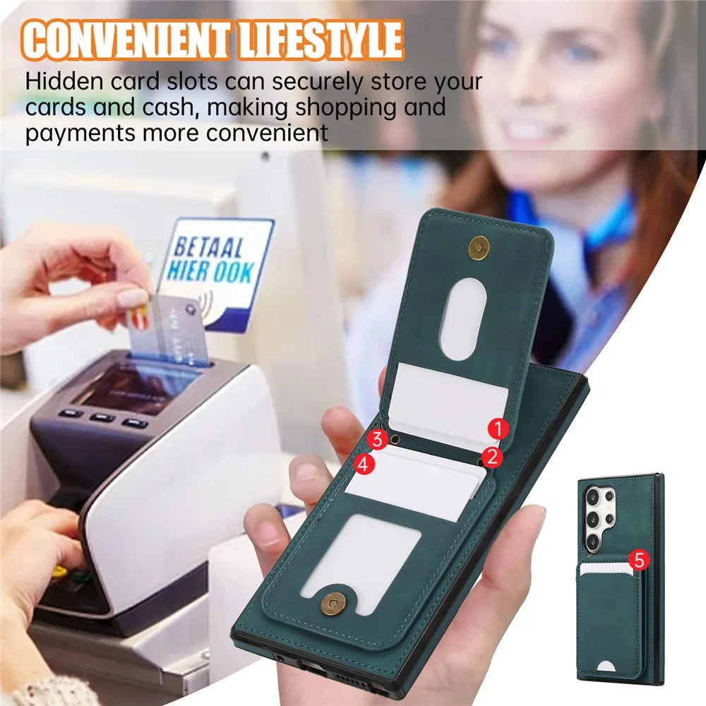 For Samsung Galaxy S25 Ultra Case Card Holder Kickstand Leather + TPU Phone Cover with Shoulder Strap - Green - 7