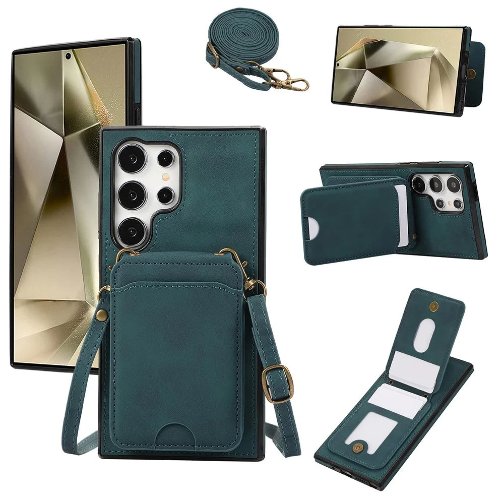 For Samsung Galaxy S24 Ultra Case Card Holder Kickstand Leather + TPU Phone Cover with Shoulder Strap - Green - 1