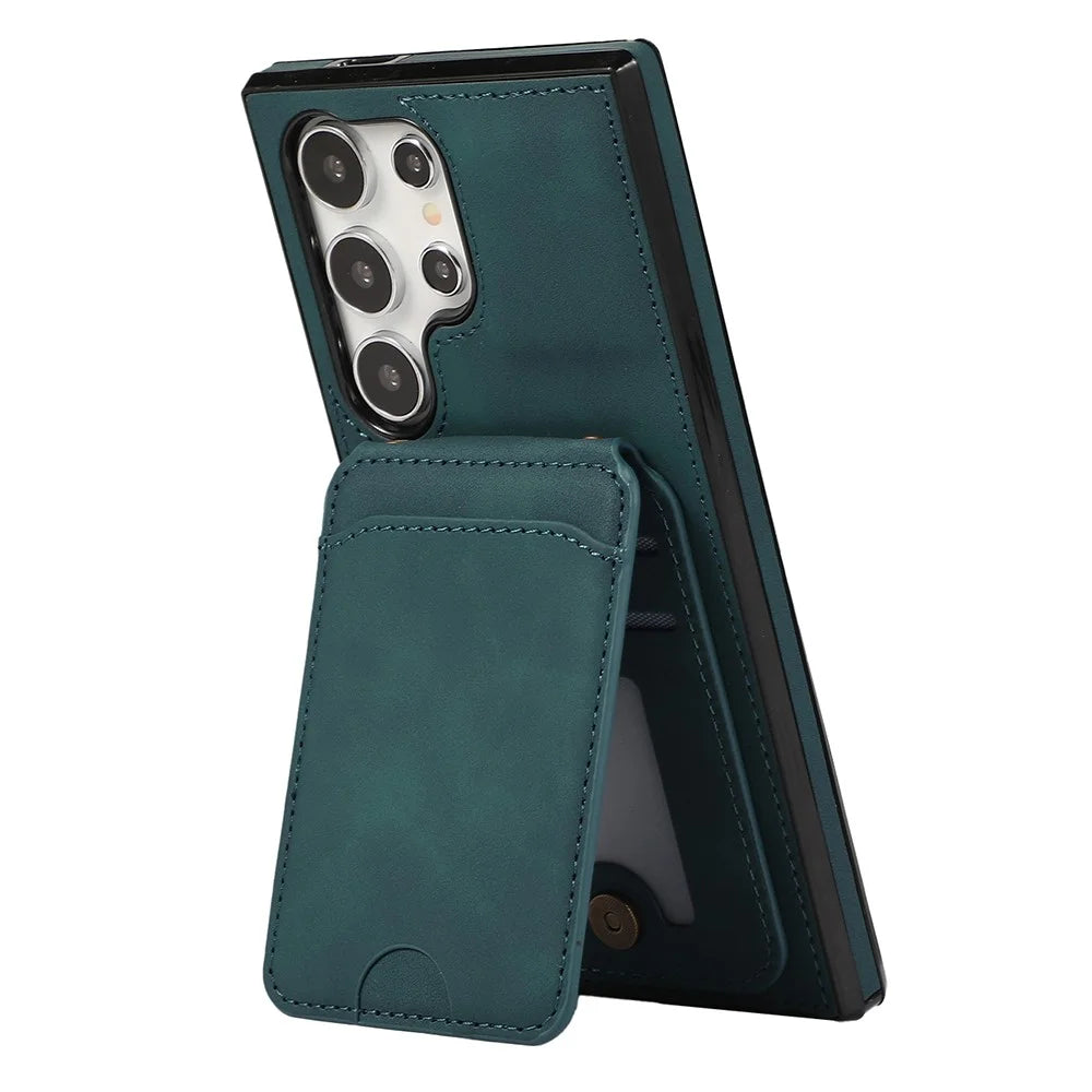 For Samsung Galaxy S24 Ultra Case Card Holder Kickstand Leather + TPU Phone Cover with Shoulder Strap - Green - 2