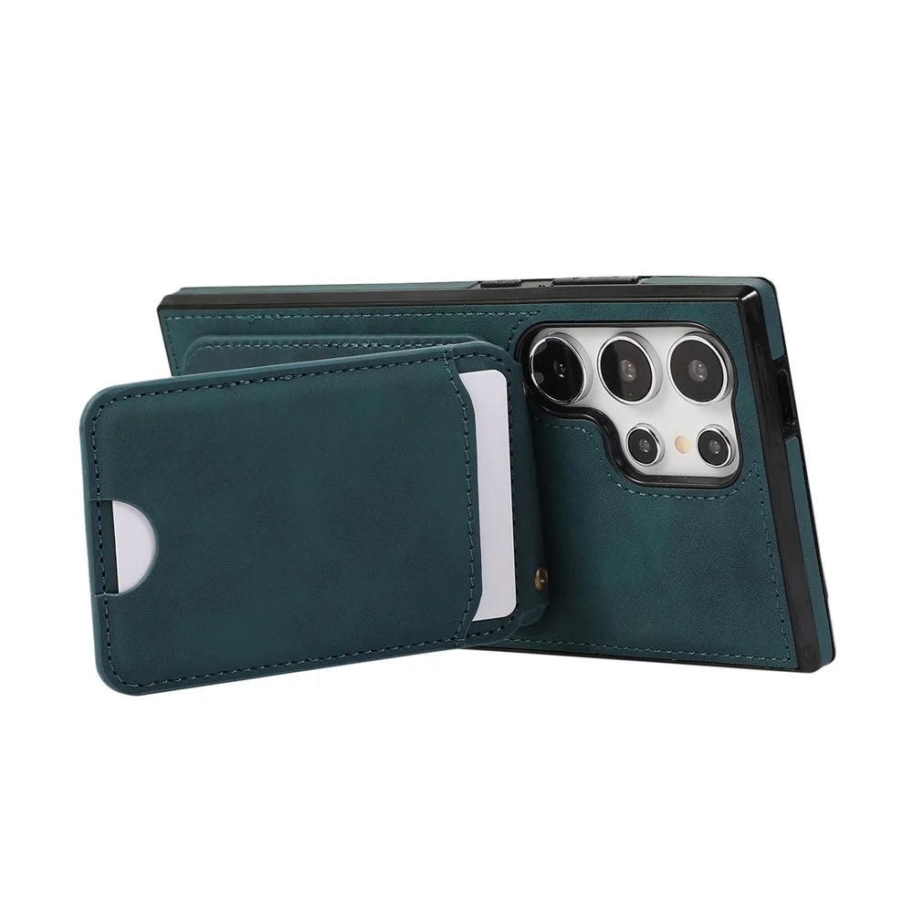 For Samsung Galaxy S24 Ultra Case Card Holder Kickstand Leather + TPU Phone Cover with Shoulder Strap - Green - 5