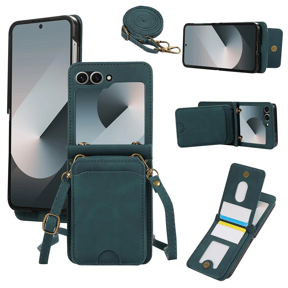 For Samsung Galaxy Z Flip7 FE 5G / Z Flip6 5G Case Card Holder Kickstand Leather + TPU Phone Cover with Shoulder Strap - Green - 1