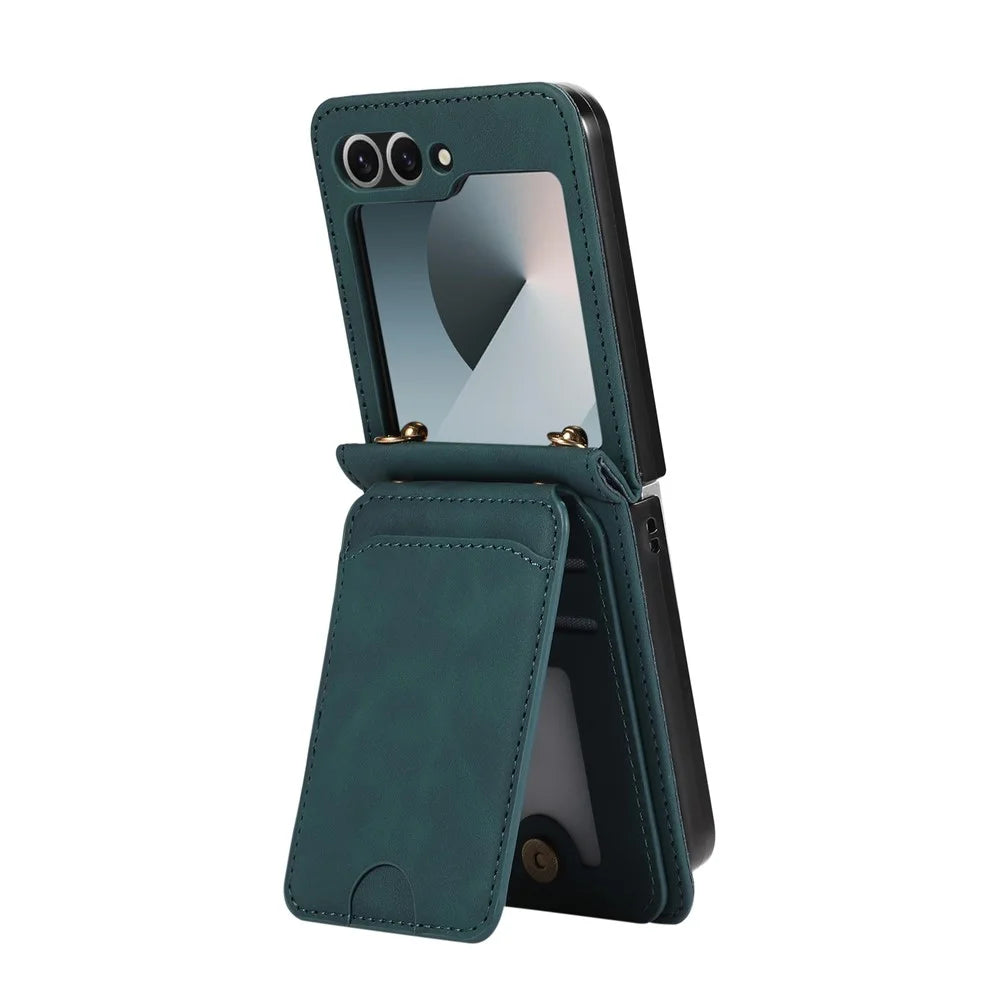 For Samsung Galaxy Z Flip7 FE 5G / Z Flip6 5G Case Card Holder Kickstand Leather + TPU Phone Cover with Shoulder Strap - Green - 2