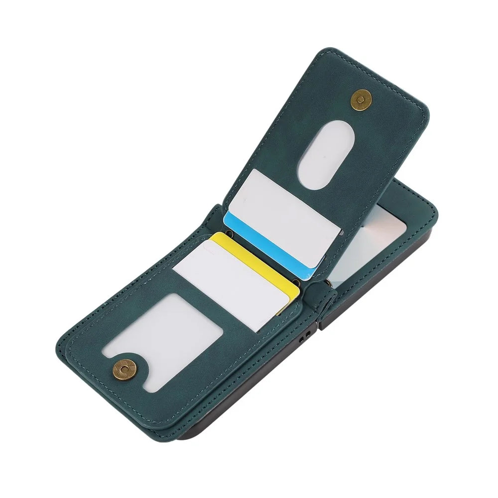 For Samsung Galaxy Z Flip7 FE 5G / Z Flip6 5G Case Card Holder Kickstand Leather + TPU Phone Cover with Shoulder Strap - Green - 3