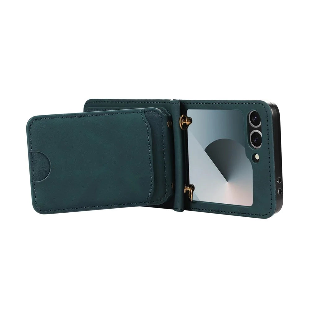 For Samsung Galaxy Z Flip7 FE 5G / Z Flip6 5G Case Card Holder Kickstand Leather + TPU Phone Cover with Shoulder Strap - Green - 4