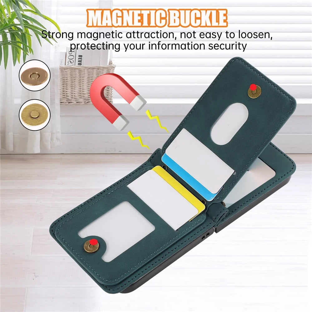 For Samsung Galaxy Z Flip7 FE 5G / Z Flip6 5G Case Card Holder Kickstand Leather + TPU Phone Cover with Shoulder Strap - Green - 6