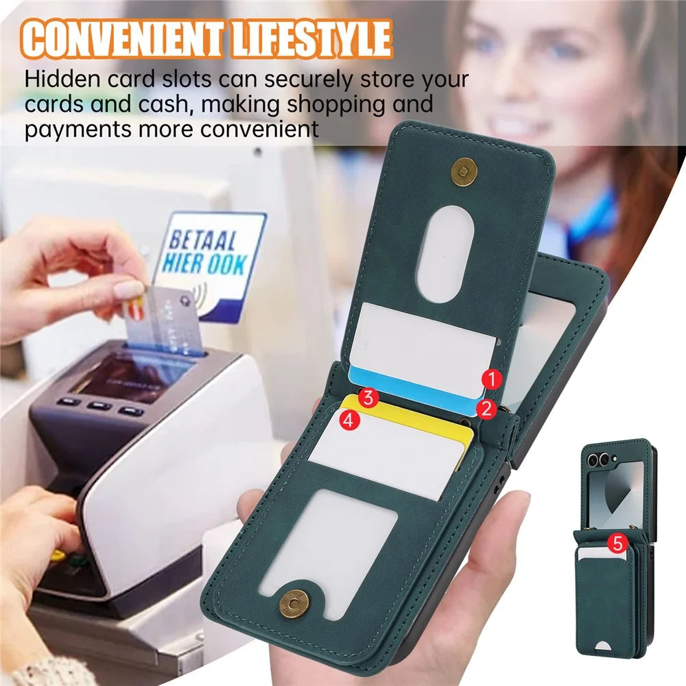 For Samsung Galaxy Z Flip7 FE 5G / Z Flip6 5G Case Card Holder Kickstand Leather + TPU Phone Cover with Shoulder Strap - Green - 7