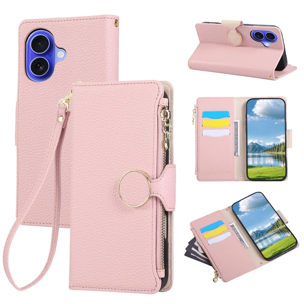 For iPhone 17 Case Zipper Wallet Leather Phone Cover with Wrist Strap - Pink - 1