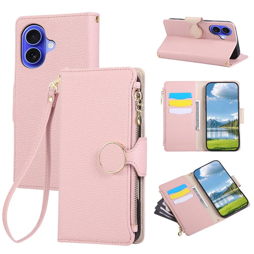 For iPhone 17 Case Zipper Wallet Leather Phone Cover with Wrist Strap - Pink - 1
