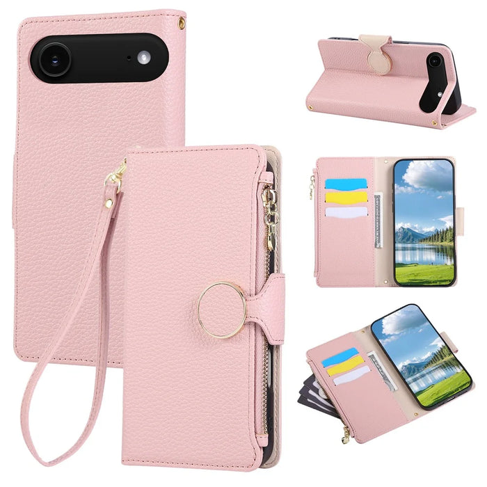 For iPhone Air Case Zipper Wallet Leather Phone Cover with Wrist Strap - Pink - 1