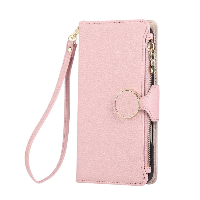 For iPhone Air Case Zipper Wallet Leather Phone Cover with Wrist Strap - Pink - 7