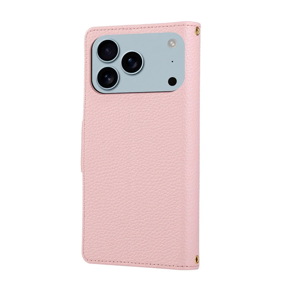 For iPhone 18 Pro Max / 17 Pro Max Case Zipper Wallet Leather Phone Cover with Wrist Strap - Pink - 6