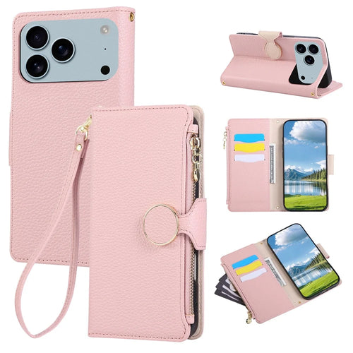 For iPhone 18 Pro / 17 Pro Case Zipper Wallet Leather Phone Cover with Wrist Strap - Pink - 1