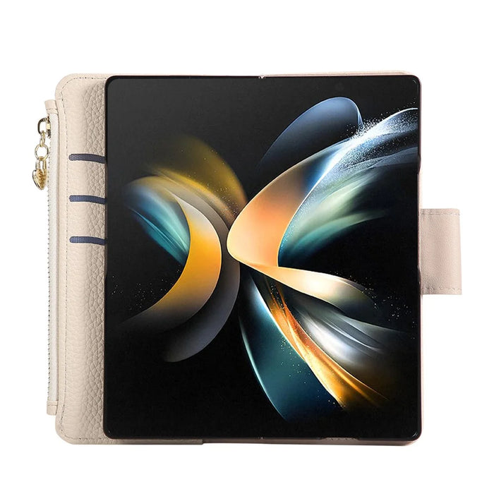 For Samsung Galaxy Z Fold7 5G Case Zipper Wallet Leather Phone Cover with Wrist Strap - Beige - 2