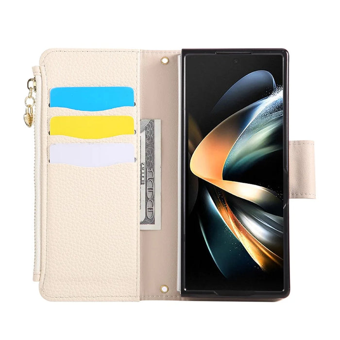 For Samsung Galaxy Z Fold7 5G Case Zipper Wallet Leather Phone Cover with Wrist Strap - Beige - 3