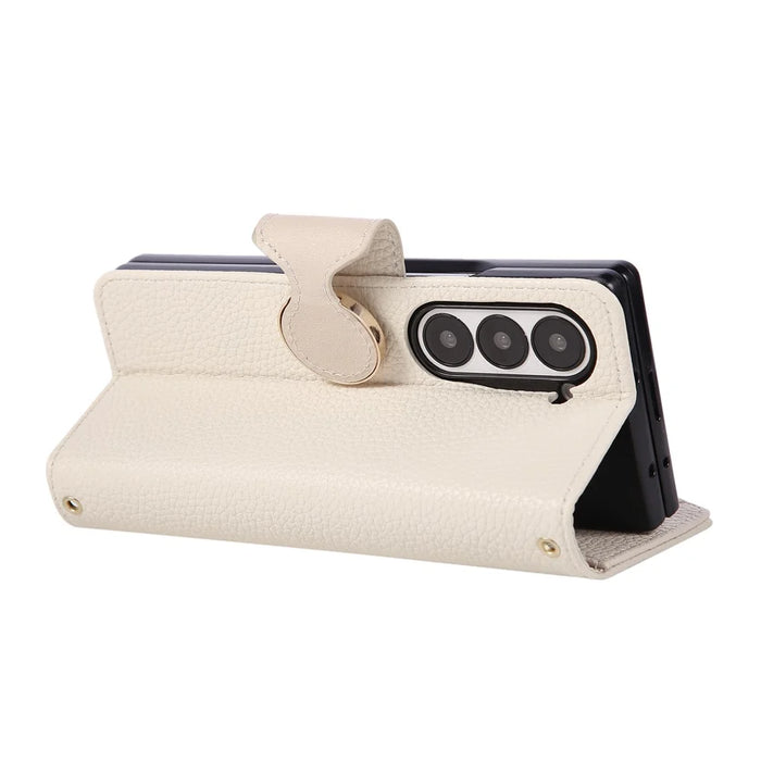 For Samsung Galaxy Z Fold7 5G Case Zipper Wallet Leather Phone Cover with Wrist Strap - Beige - 5