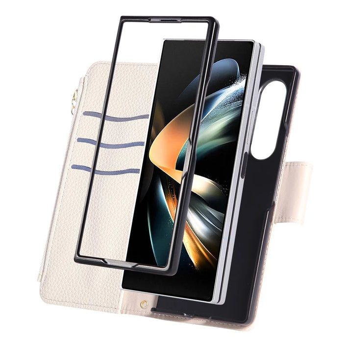 For Samsung Galaxy Z Fold7 5G Case Zipper Wallet Leather Phone Cover with Wrist Strap - Beige - 7