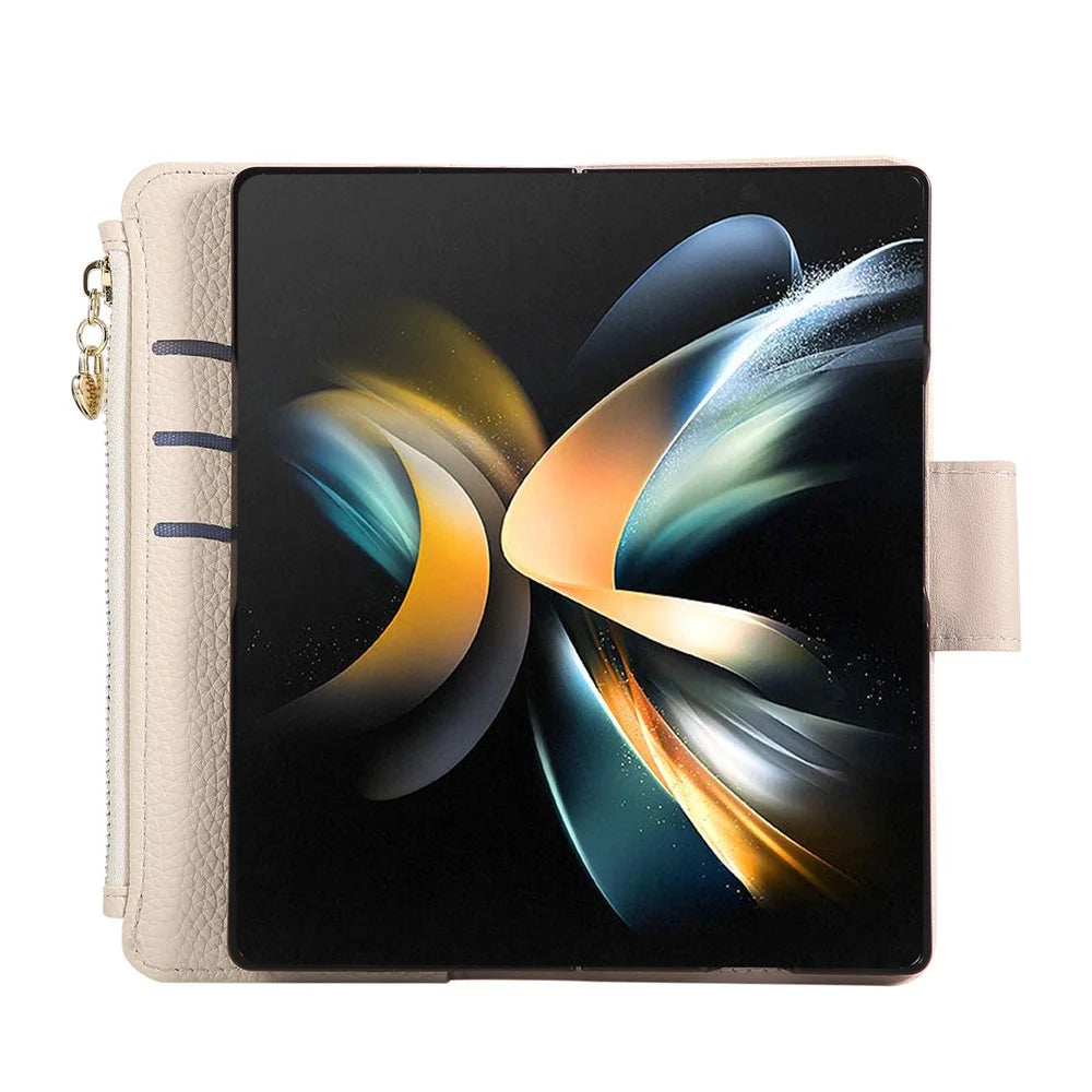 For Samsung Galaxy Z Fold6 5G Case Zipper Wallet Leather Phone Cover with Wrist Strap - Beige - 2