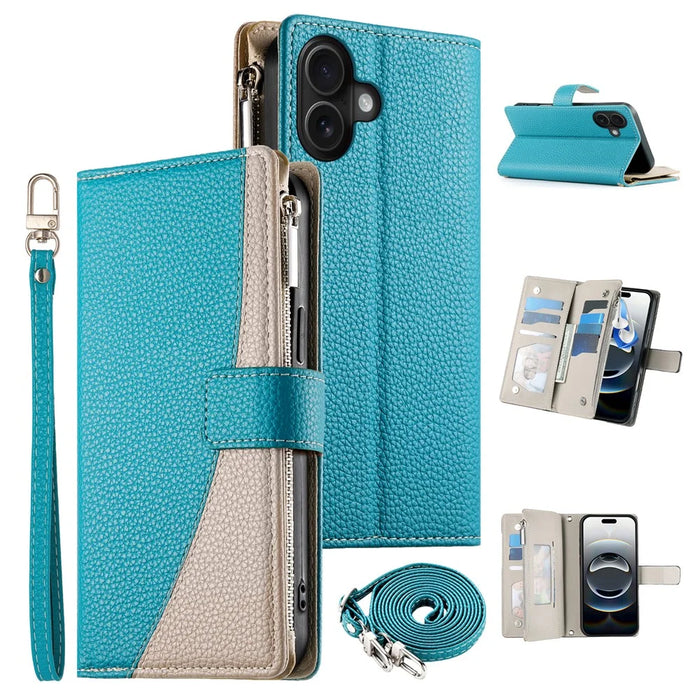 For iPhone 17 Case Zipper Wallet Color Splicing Leather Flip Phone Cover with Straps - Lake Blue - 1