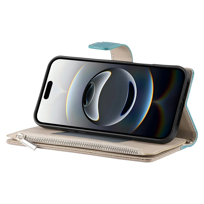 For iPhone 17 Case Zipper Wallet Color Splicing Leather Flip Phone Cover with Straps - Lake Blue - 3
