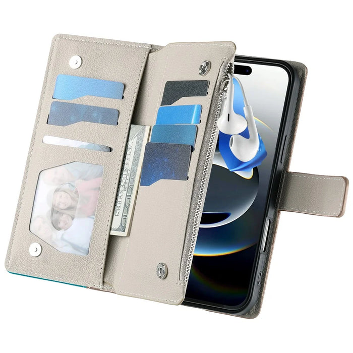 For iPhone 17 Case Zipper Wallet Color Splicing Leather Flip Phone Cover with Straps - Lake Blue - 5