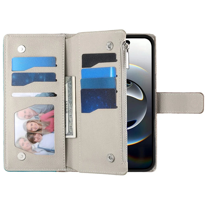 For iPhone 17 Case Zipper Wallet Color Splicing Leather Flip Phone Cover with Straps - Lake Blue - 6