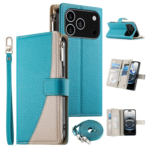 For iPhone 18 Pro / 17 Pro Case Zipper Wallet Color Splicing Leather Flip Phone Cover with Straps - Lake Blue - 1