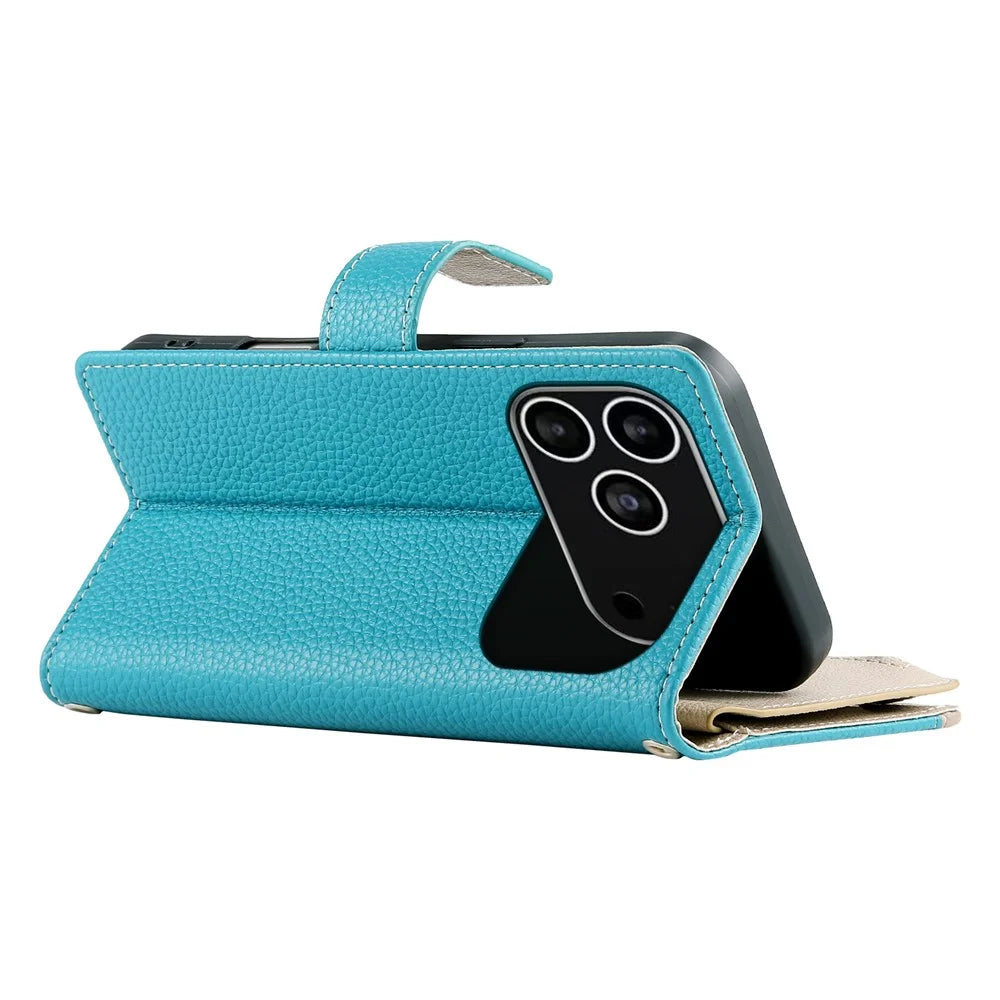For iPhone 18 Pro / 17 Pro Case Zipper Wallet Color Splicing Leather Flip Phone Cover with Straps - Lake Blue - 4