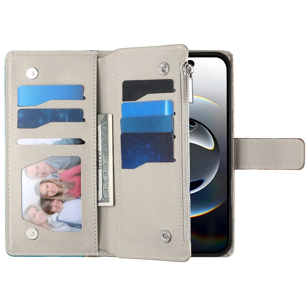 For iPhone 18 Pro / 17 Pro Case Zipper Wallet Color Splicing Leather Flip Phone Cover with Straps - Lake Blue - 6