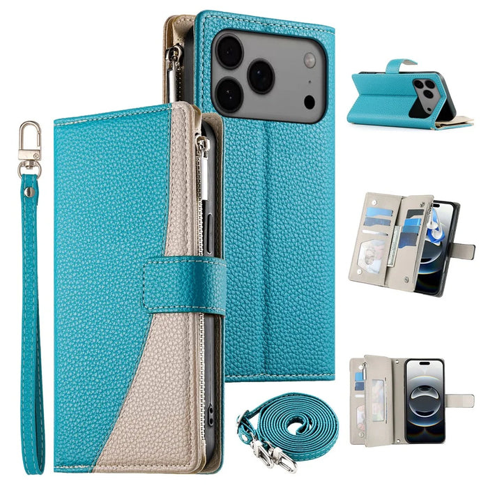 For iPhone 18 Pro Max / 17 Pro Max Case Zipper Wallet Color Splicing Leather Flip Phone Cover with Straps - Lake Blue - 1