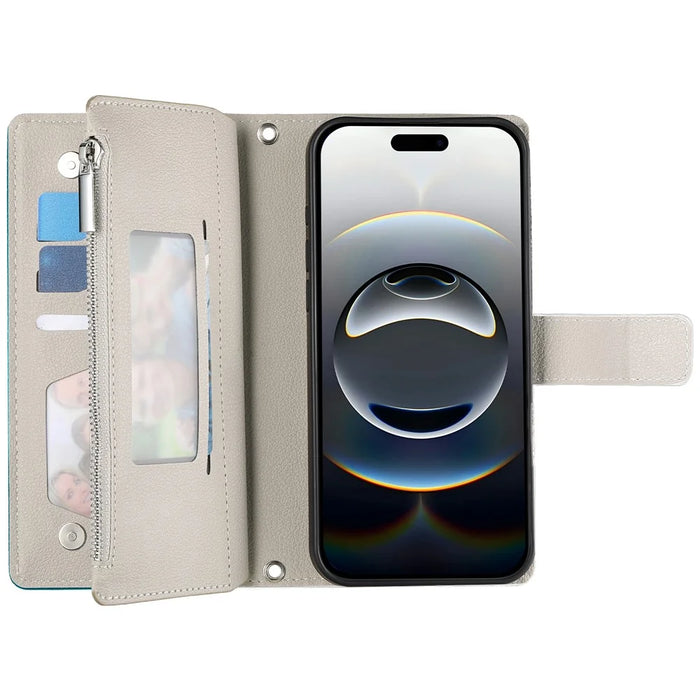 For iPhone 18 Pro Max / 17 Pro Max Case Zipper Wallet Color Splicing Leather Flip Phone Cover with Straps - Lake Blue - 2