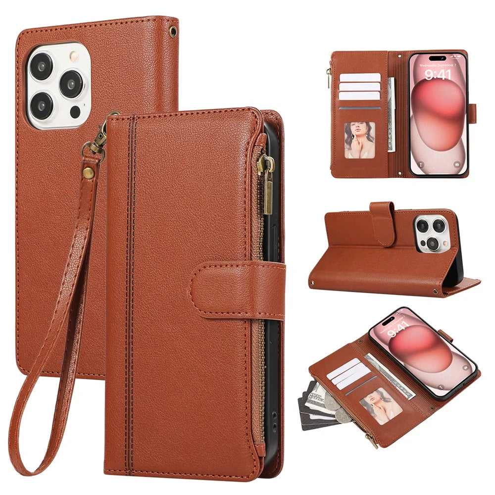 For iPhone 15 Pro Max Case Multi Card Slots Zipper Leather Phone Cover with Wrist Strap - Brown - 1