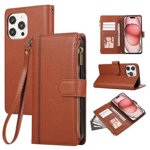 For iPhone 15 Pro Case Multi Card Slots Zipper Leather Phone Cover with Wrist Strap - Brown - 1