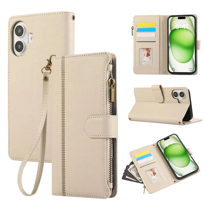 For iPhone 16 Case Multi Card Slots Zipper Leather Phone Cover with Wrist Strap - Beige - 1