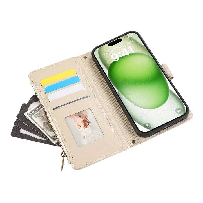 For iPhone 16 Case Multi Card Slots Zipper Leather Phone Cover with Wrist Strap - Beige - 3