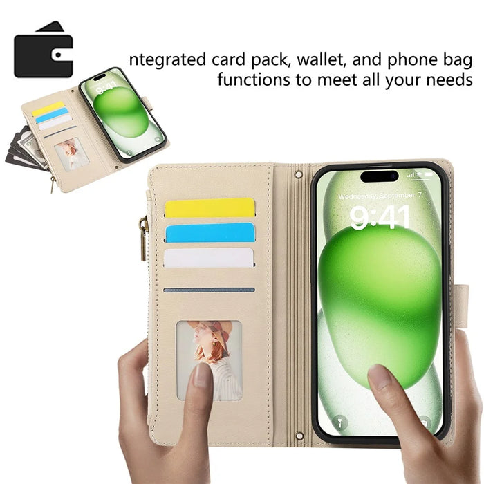 For iPhone 16 Case Multi Card Slots Zipper Leather Phone Cover with Wrist Strap - Beige - 7