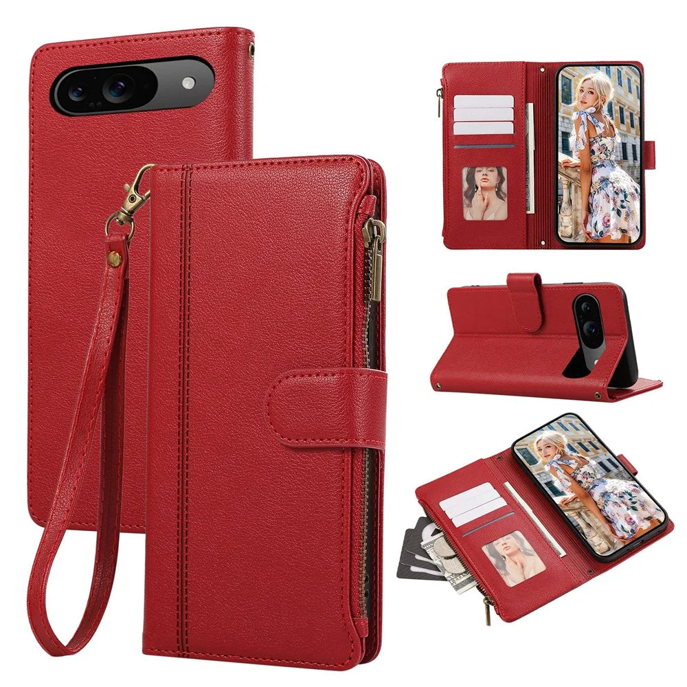 For Google Pixel 9 / Pixel 9 Pro Case Multi Card Slots Zipper Leather Phone Cover with Wrist Strap - Red - 1