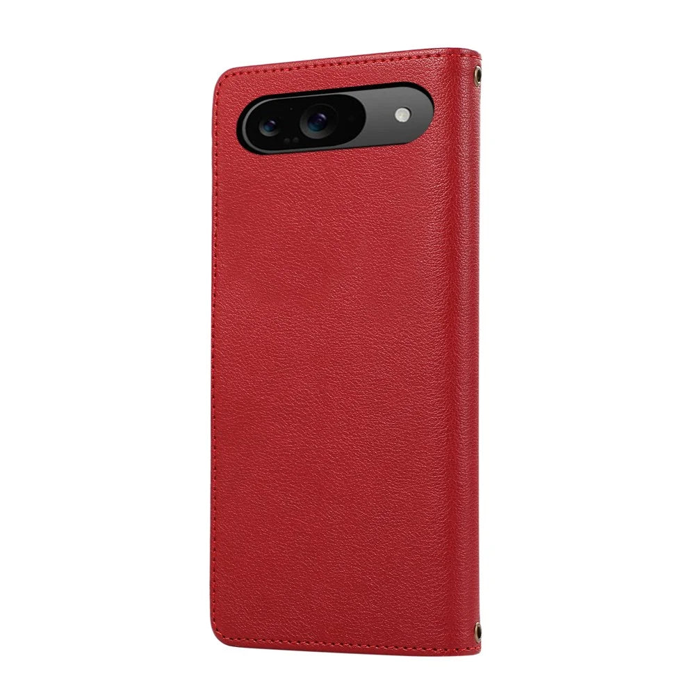For Google Pixel 9 / Pixel 9 Pro Case Multi Card Slots Zipper Leather Phone Cover with Wrist Strap - Red - 7