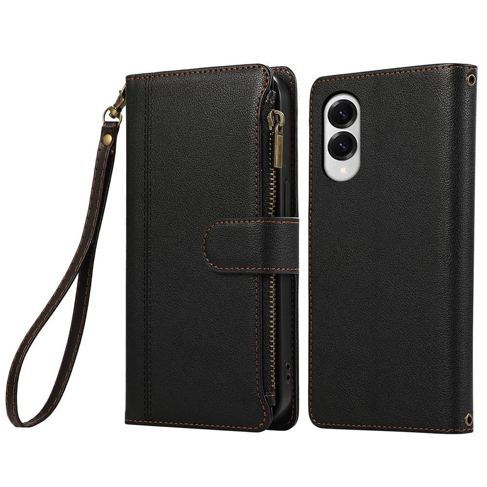 For Samsung Galaxy S25 Edge Case Multi Card Slots Zipper Leather Phone Cover with Wrist Strap - Black - 1